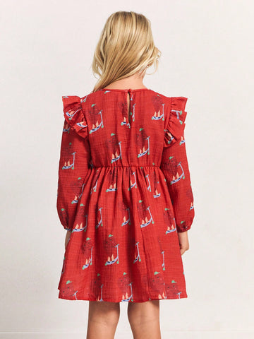 THE HAPPY LOOK Young Girl Sailing Ship Print Round Neck Lantern Sleeve Ruffle Splice Cute Dress