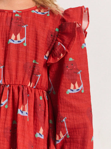 THE HAPPY LOOK Young Girl Sailing Ship Print Round Neck Lantern Sleeve Ruffle Splice Cute Dress