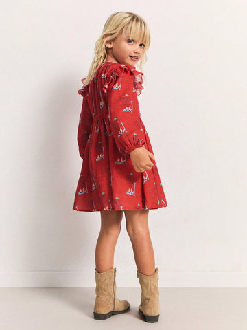 THE HAPPY LOOK Young Girl Sailing Ship Print Round Neck Lantern Sleeve Ruffle Splice Cute Dress
