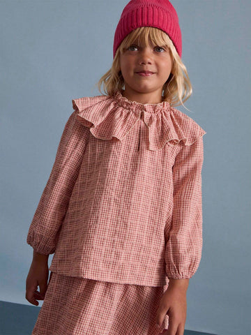 THE HAPPY LOOK Young Girl's Autumn Frill Trim Plaid Button-Up Casual Blouse