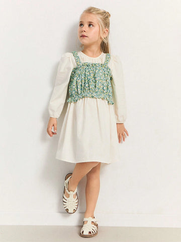 THE HAPPY LOOK Young Girls Beige Cable Knit Puff Sleeve Loose Dress & Floral Ruffle Strap Tank Top Set, Casual Resort Style, Spring & Winter