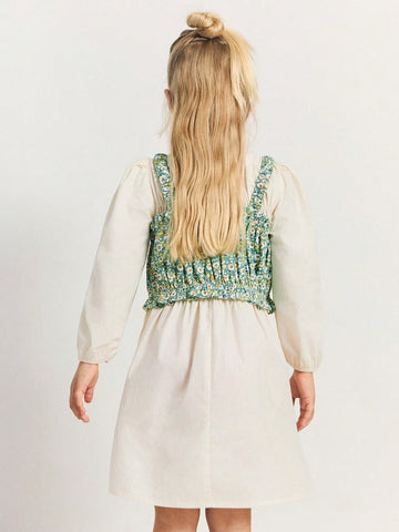 THE HAPPY LOOK Young Girls Beige Cable Knit Puff Sleeve Loose Dress & Floral Ruffle Strap Tank Top Set, Casual Resort Style, Spring & Winter