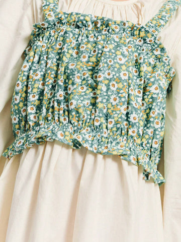 THE HAPPY LOOK Young Girls Beige Cable Knit Puff Sleeve Loose Dress & Floral Ruffle Strap Tank Top Set, Casual Resort Style, Spring & Winter