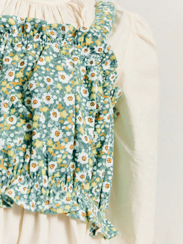 THE HAPPY LOOK Young Girls Beige Cable Knit Puff Sleeve Loose Dress & Floral Ruffle Strap Tank Top Set, Casual Resort Style, Spring & Winter