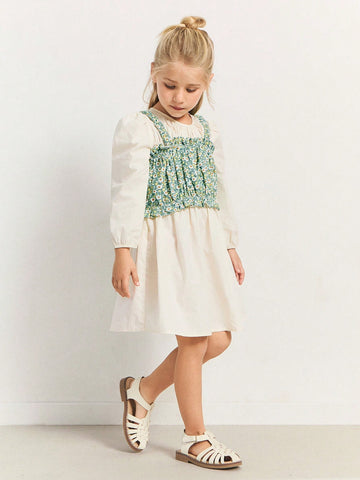 THE HAPPY LOOK Young Girls Beige Cable Knit Puff Sleeve Loose Dress & Floral Ruffle Strap Tank Top Set, Casual Resort Style, Spring & Winter