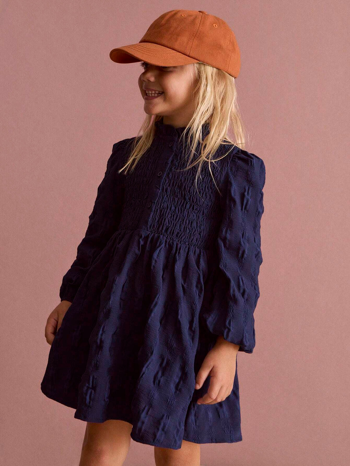 THE HAPPY LOOK Young Girls Blue Crinkle Ruffled Collar Puff Sleeve Flare Hem Casual Daily Dress, Autumn