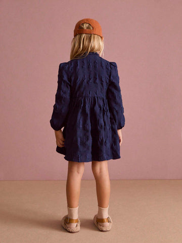 THE HAPPY LOOK Young Girls Blue Crinkle Ruffled Collar Puff Sleeve Flare Hem Casual Daily Dress, Autumn