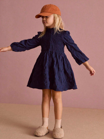 THE HAPPY LOOK Young Girls Blue Crinkle Ruffled Collar Puff Sleeve Flare Hem Casual Daily Dress, Autumn