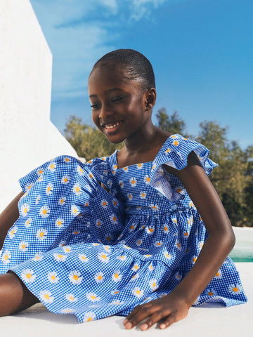 THE HAPPY LOOK Young Girls Blue Plaid & Floral Ruffle Hem Dresses