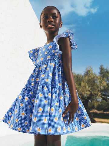 THE HAPPY LOOK Young Girls Blue Plaid & Floral Ruffle Hem Dresses
