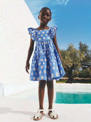 THE HAPPY LOOK Young Girls Blue Plaid & Floral Ruffle Hem Dresses