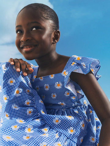THE HAPPY LOOK Young Girls Blue Plaid & Floral Ruffle Hem Dresses