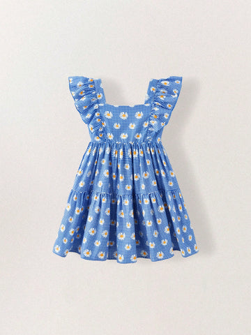 THE HAPPY LOOK Young Girls Blue Plaid & Floral Ruffle Hem Dresses