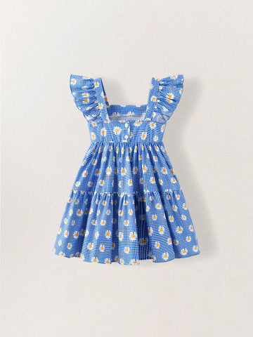 THE HAPPY LOOK Young Girls Blue Plaid & Floral Ruffle Hem Dresses