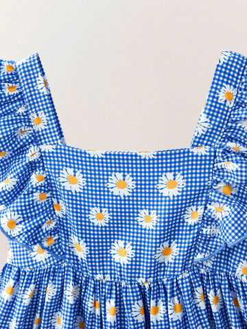 THE HAPPY LOOK Young Girls Blue Plaid & Floral Ruffle Hem Dresses