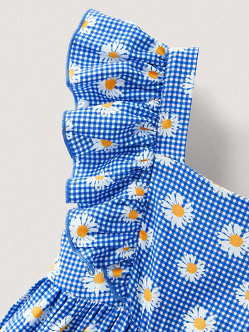 THE HAPPY LOOK Young Girls Blue Plaid & Floral Ruffle Hem Dresses