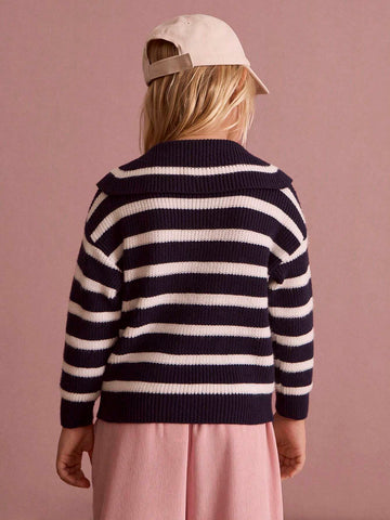 THE HAPPY LOOK Young Girls Blue Striped Turtleneck Long Sleeve Sweater, School Style For Autumn/Winter