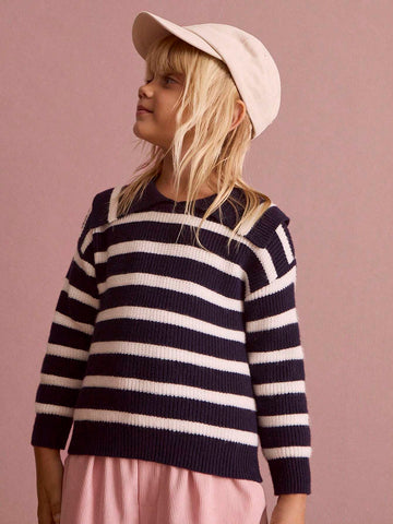 THE HAPPY LOOK Young Girls Blue Striped Turtleneck Long Sleeve Sweater, School Style For Autumn/Winter