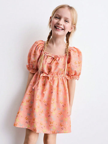 Young Girls Butterfly Print Ruched Waist Puff Sleeve Cute Style Dress
