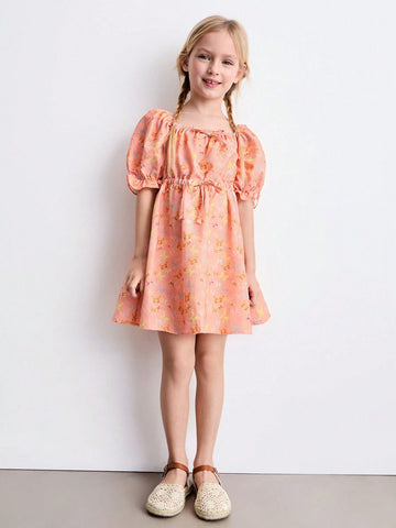 Young Girls Butterfly Print Ruched Waist Puff Sleeve Cute Style Dress