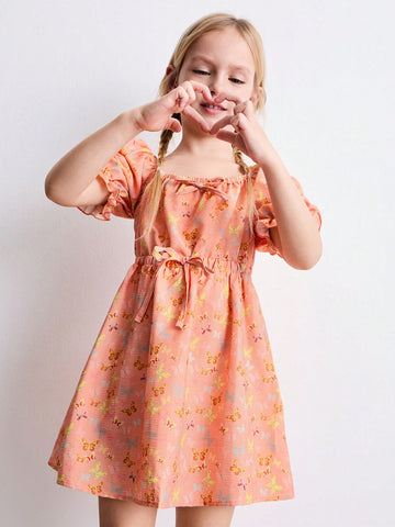 Young Girls Butterfly Print Ruched Waist Puff Sleeve Cute Style Dress