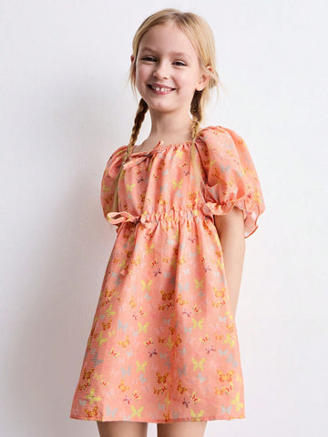 Young Girls Butterfly Print Ruched Waist Puff Sleeve Cute Style Dress