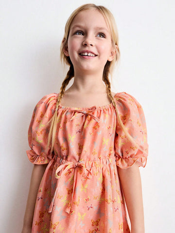 Young Girls Butterfly Print Ruched Waist Puff Sleeve Cute Style Dress