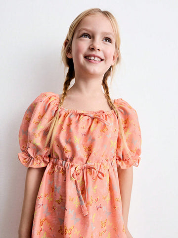Young Girls Butterfly Print Ruched Waist Puff Sleeve Cute Style Dress