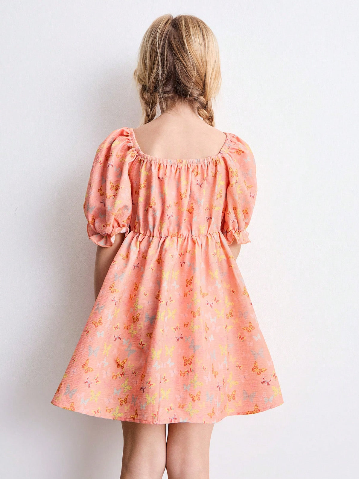 Young Girls Butterfly Print Ruched Waist Puff Sleeve Cute Style Dress