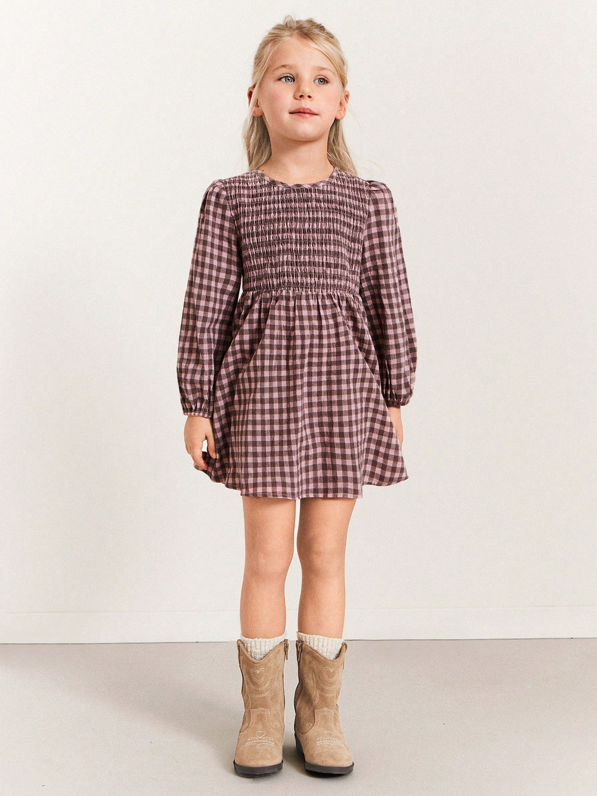 THE HAPPY LOOK Young Girls' Casual Plaid Puff Sleeve Loose Hem Dresses, Brown, Suitable For Autumn & Winter Vacation Style