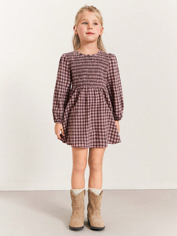 THE HAPPY LOOK Young Girls' Casual Plaid Puff Sleeve Loose Hem Dresses, Brown, Suitable For Autumn & Winter Vacation Style