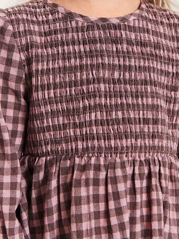 THE HAPPY LOOK Young Girls' Casual Plaid Puff Sleeve Loose Hem Dresses, Brown, Suitable For Autumn & Winter Vacation Style