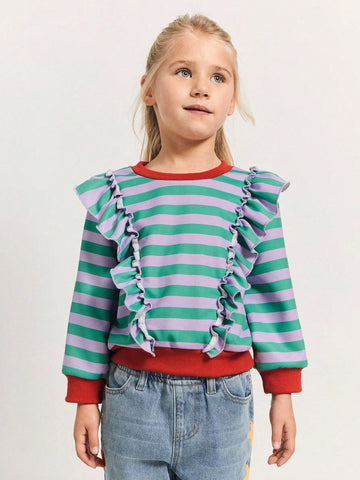THE HAPPY LOOK Young Girls Colorblock Striped Ruffled Crew Neck Long Sleeve Sweatshirts, Fashionable & Cute Style For Autumn/Winter
