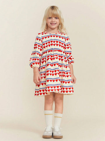 THE HAPPY LOOK Young Girl's Crew Neck Long Sleeve Allover Allover Print Casual Dress
