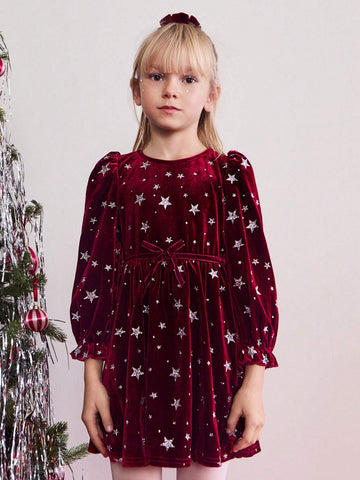 THE HAPPY LOOK Young Girls Crew Neck Pullover Glitter Star Pattern Velvet Crimson Bubble Sleeve Waisted A-Shape Hem Dress