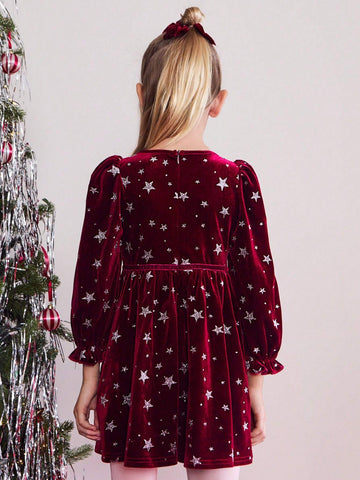 THE HAPPY LOOK Young Girls Crew Neck Pullover Glitter Star Pattern Velvet Crimson Bubble Sleeve Waisted A-Shape Hem Dress