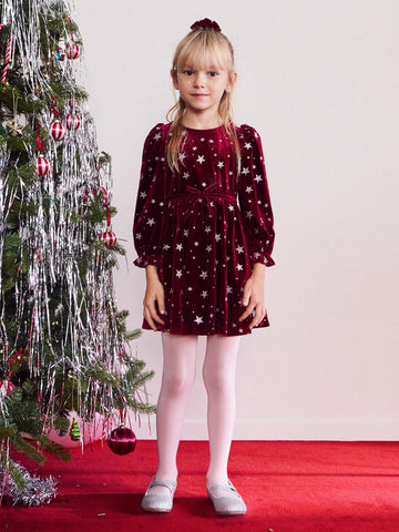 THE HAPPY LOOK Young Girls Crew Neck Pullover Glitter Star Pattern Velvet Crimson Bubble Sleeve Waisted A-Shape Hem Dress