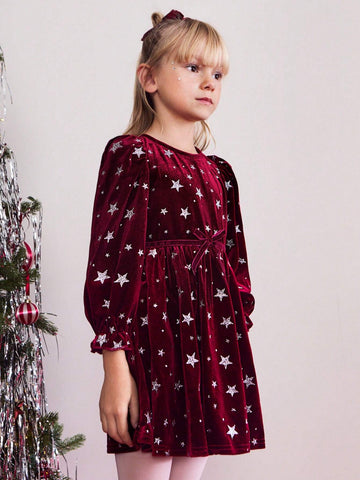 THE HAPPY LOOK Young Girls Crew Neck Pullover Glitter Star Pattern Velvet Crimson Bubble Sleeve Waisted A-Shape Hem Dress