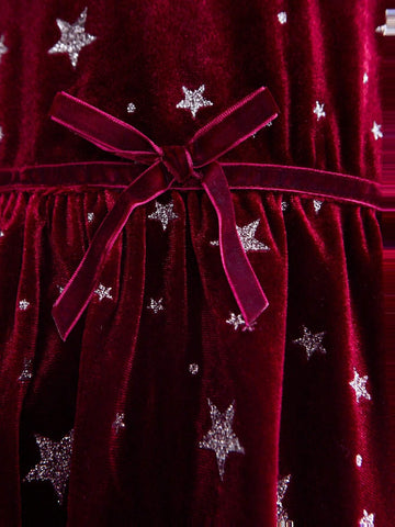 THE HAPPY LOOK Young Girls Crew Neck Pullover Glitter Star Pattern Velvet Crimson Bubble Sleeve Waisted A-Shape Hem Dress