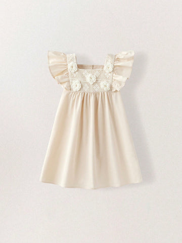 Young Girls Crochet 3D Floral Pattern Dresses, Minimalist And Fashionable, Suitable For Summer