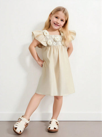 Young Girls Crochet 3D Floral Pattern Dresses, Minimalist And Fashionable, Suitable For Summer
