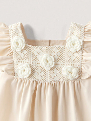 Young Girls Crochet 3D Floral Pattern Dresses, Minimalist And Fashionable, Suitable For Summer