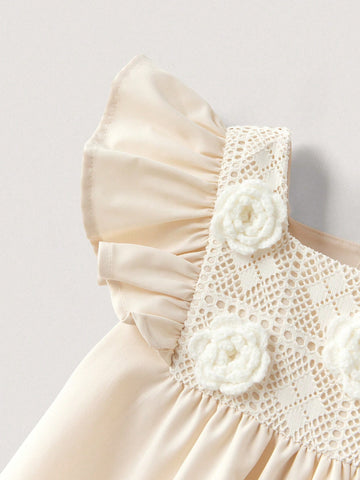 Young Girls Crochet 3D Floral Pattern Dresses, Minimalist And Fashionable, Suitable For Summer
