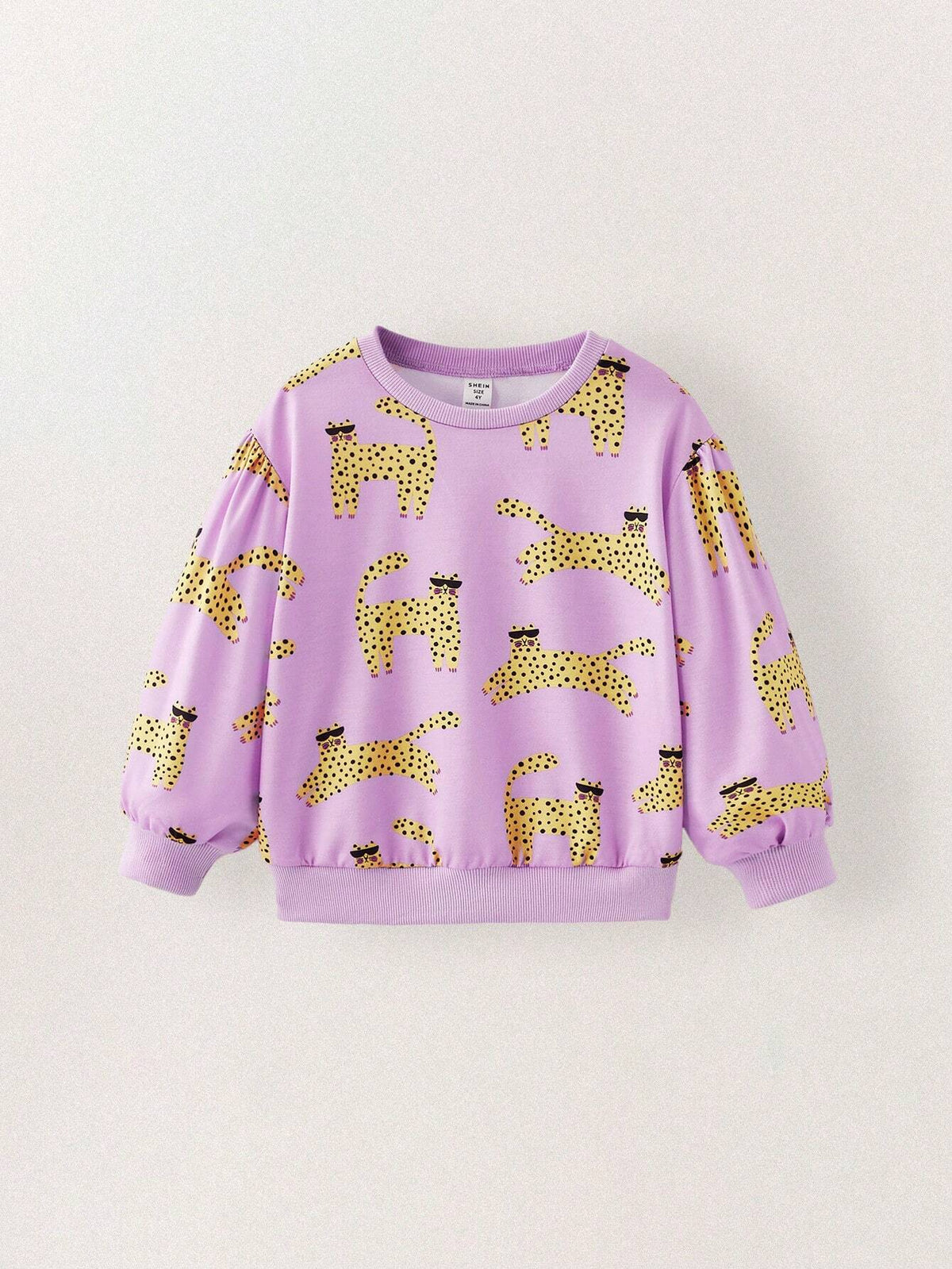 THE HAPPY LOOK Young Girls' Cute Animal Print Crew Neck Puff Sleeve Pink Knitted Sweatshirt
