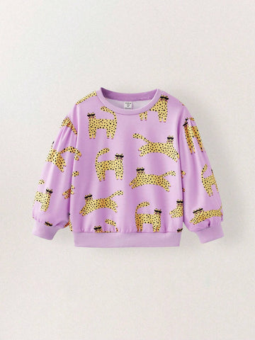 THE HAPPY LOOK Young Girls' Cute Animal Print Crew Neck Puff Sleeve Pink Knitted Sweatshirt
