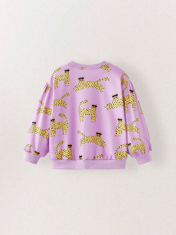 THE HAPPY LOOK Young Girls' Cute Animal Print Crew Neck Puff Sleeve Pink Knitted Sweatshirt