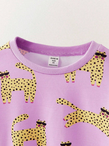 THE HAPPY LOOK Young Girls' Cute Animal Print Crew Neck Puff Sleeve Pink Knitted Sweatshirt