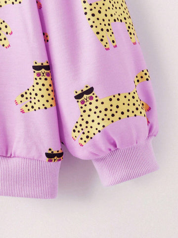 THE HAPPY LOOK Young Girls' Cute Animal Print Crew Neck Puff Sleeve Pink Knitted Sweatshirt