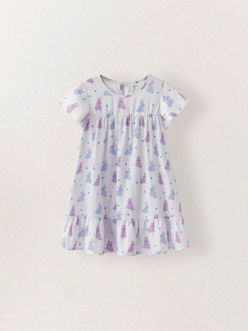 THE HAPPY LOOK Young Girls Cute Rabbit Print Loose Round Neck Lantern Sleeve Dress, Adorable Style For Easter, Vacation