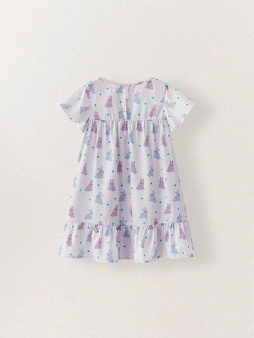 THE HAPPY LOOK Young Girls Cute Rabbit Print Loose Round Neck Lantern Sleeve Dress, Adorable Style For Easter, Vacation